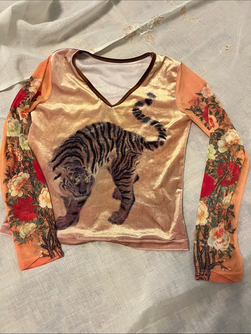 Velvet Tiger Graphic Long-Sleeve Top in Peach